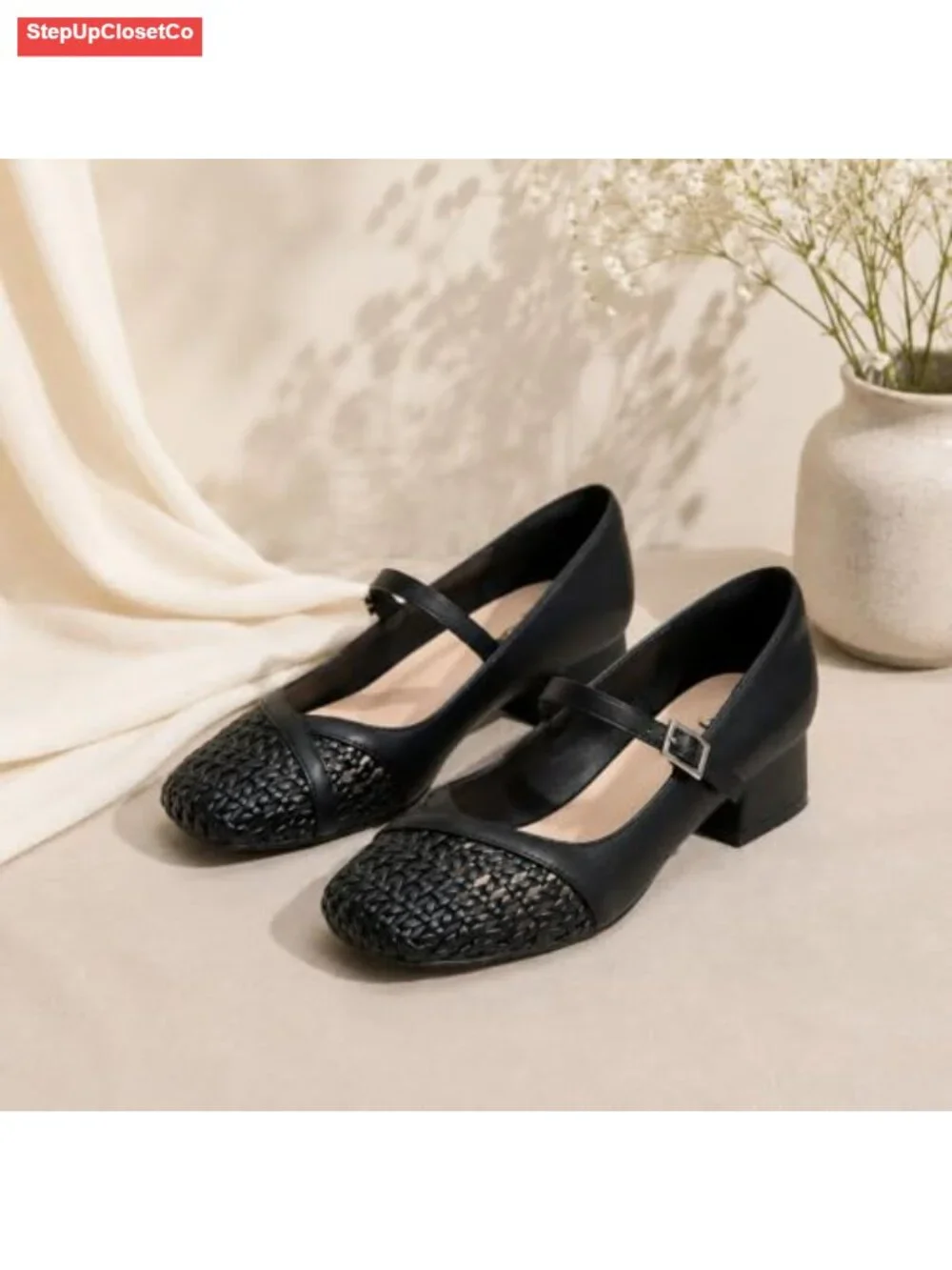 Women's Mary Jane Pumps Woven Toe Low Block Heel Dress Shoes